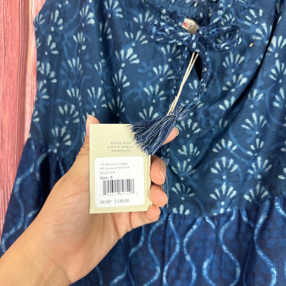 FAHERTY Sun Chaser Organic Cotton Silk Sunburst Tassel Boho Tiered Maxi Dress - Picture 6 of 9